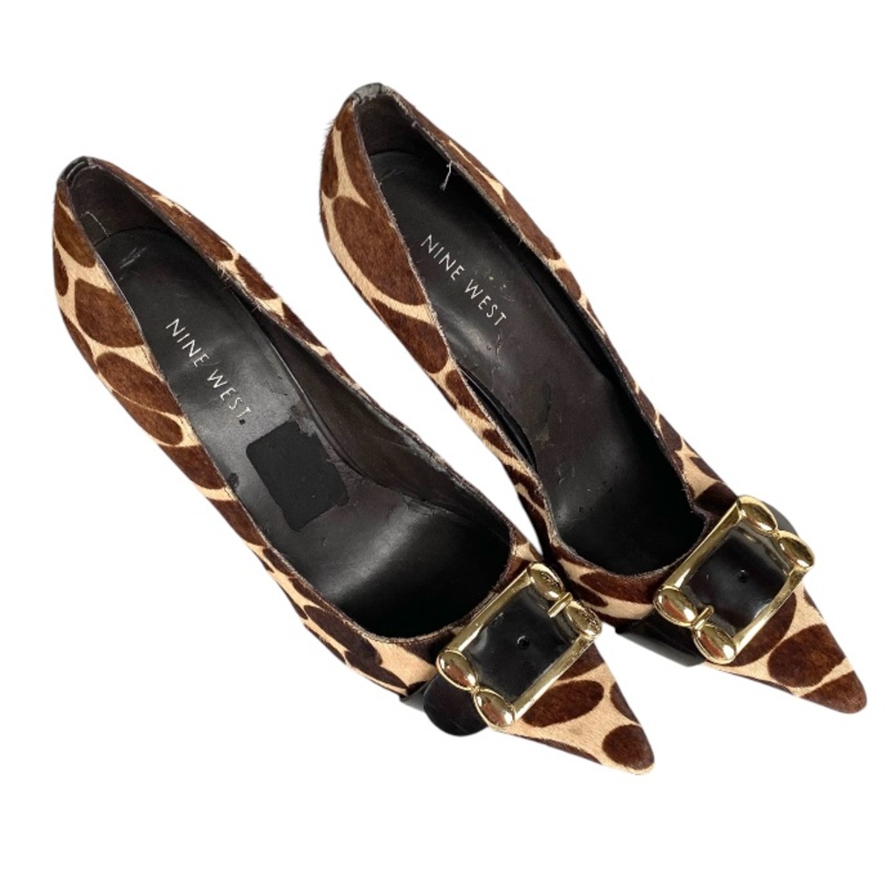 Nine West Calf Hair Giraffe Print Pointed Toe Heels Gold Buckle Y2K Size 7